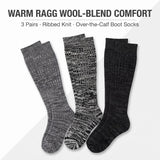 Three pairs of over-the-calf boot socks in a ribbed knit wool-blend, shown on a light gray background with text reading 'WARM RAGG WOOL-BLEND COMFORT' and '3 Pairs - Ribbed Knit - Over-the-Calf Boot Socks.' The socks are in gray, black-and-white marled, and solid black.