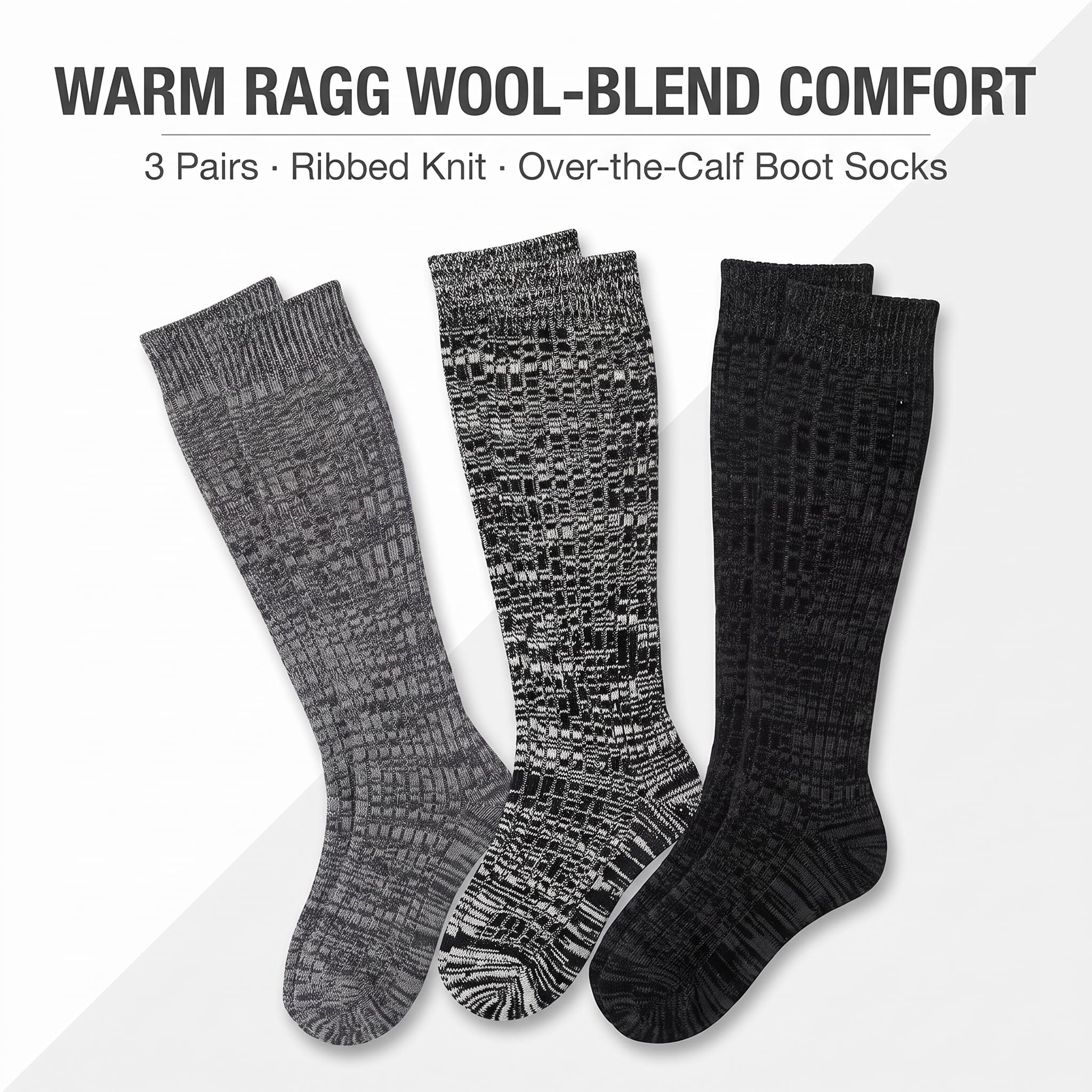 Three pairs of over-the-calf boot socks in a ribbed knit wool-blend, shown on a light gray background with text reading 'WARM RAGG WOOL-BLEND COMFORT' and '3 Pairs - Ribbed Knit - Over-the-Calf Boot Socks.' The socks are in gray, black-and-white marled, and solid black.