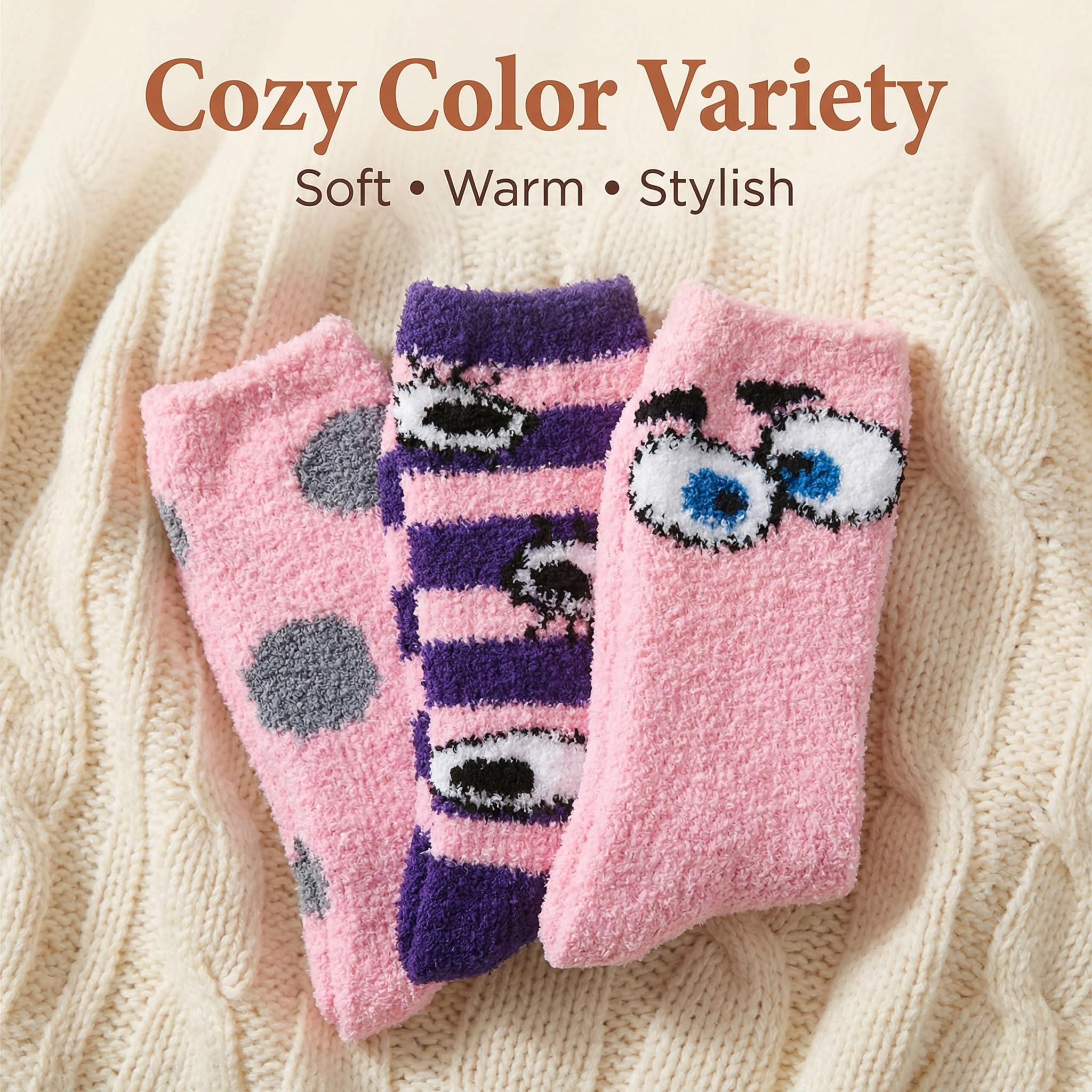 Three pairs of pink and purple socks with cartoon designs on a textured beige background.