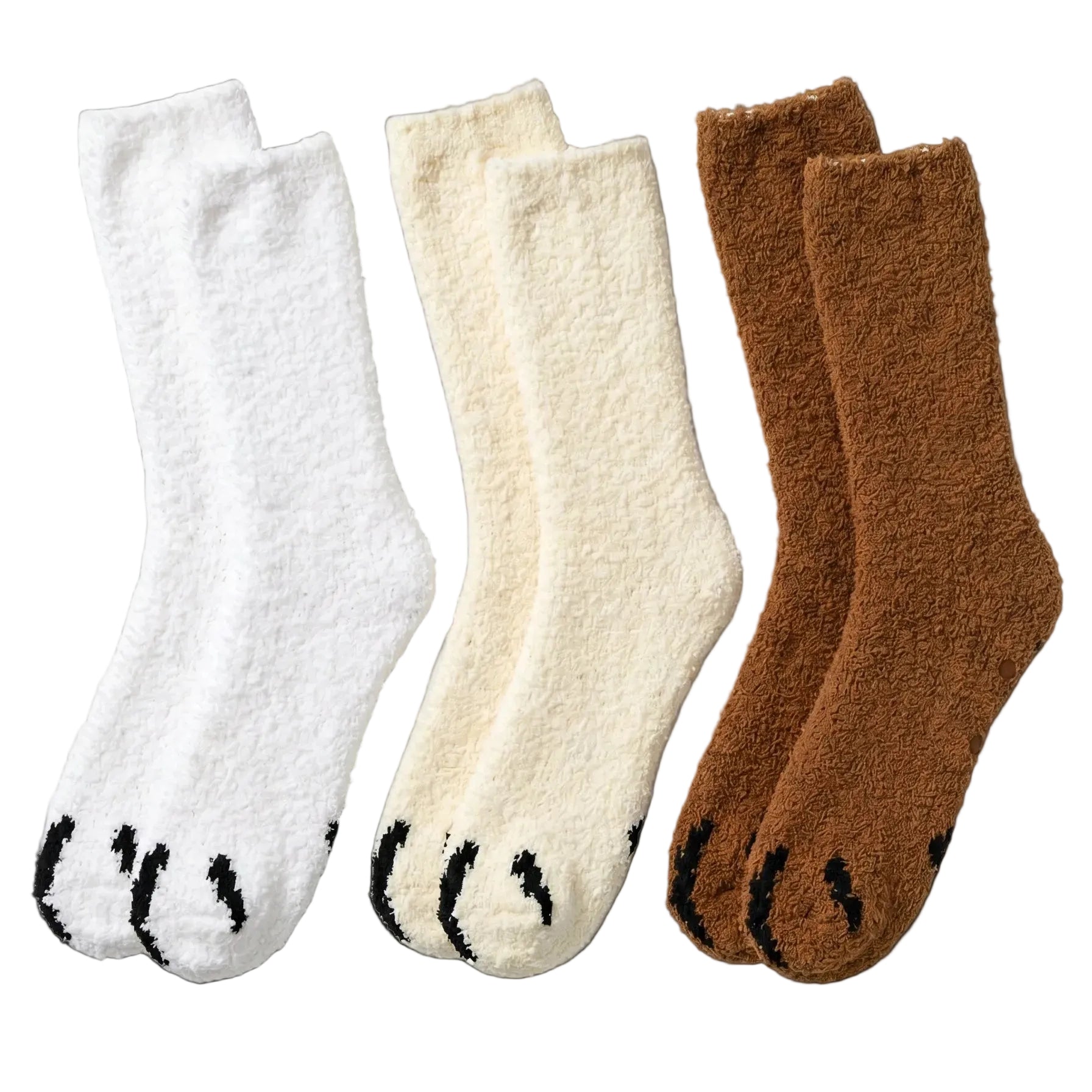 Three pairs of socks in white, beige, and brown with paw prints 