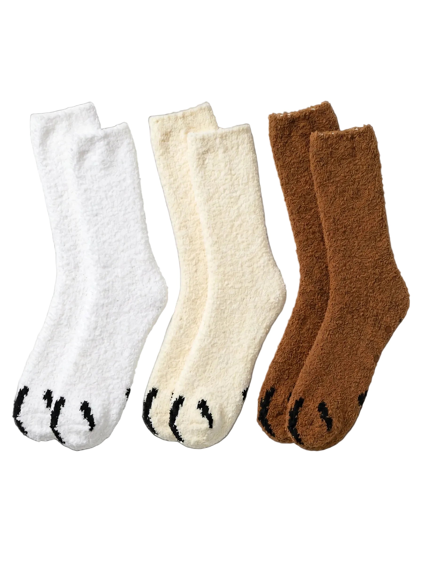 Three pairs of socks in white, beige, and brown with paw prints 