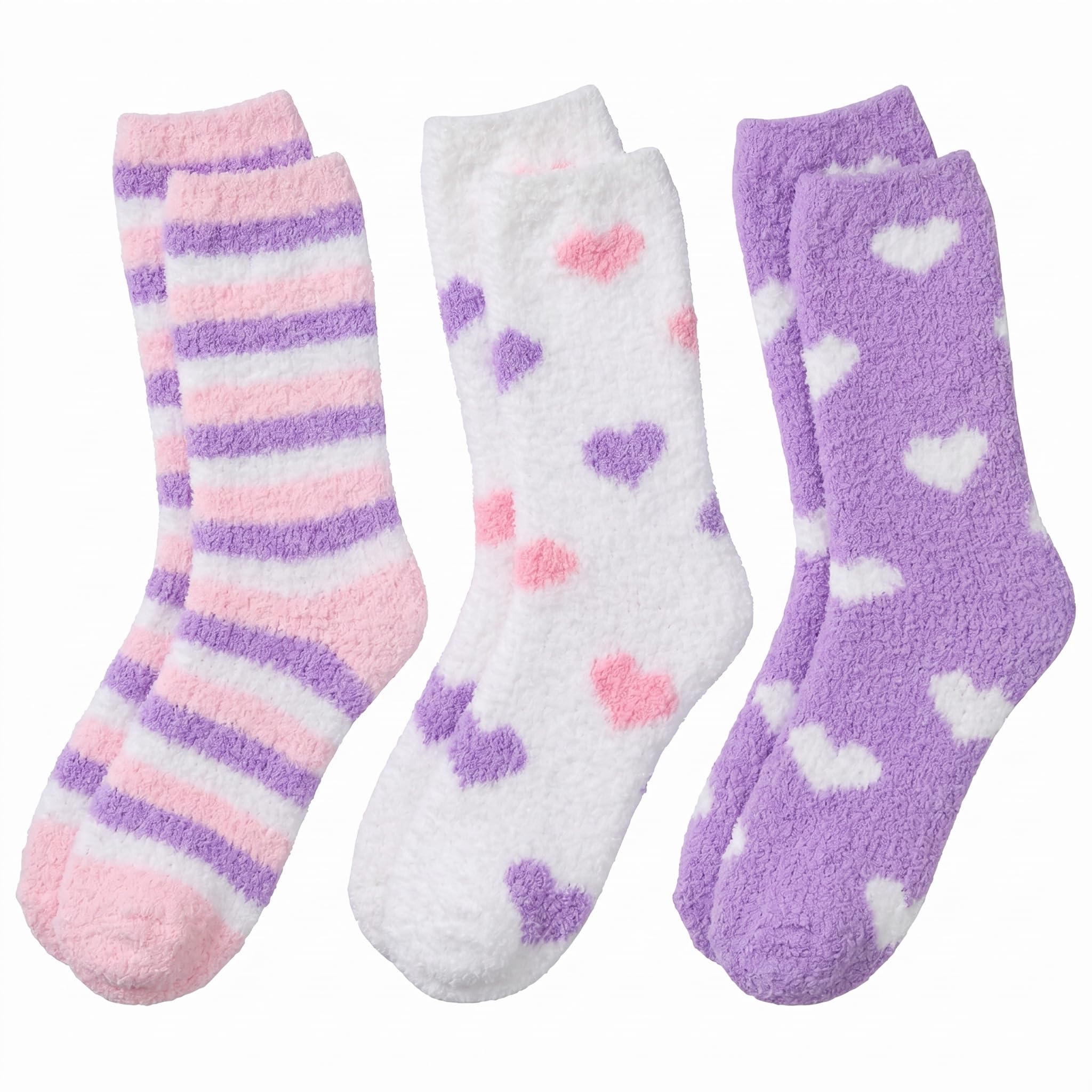 Three pairs of soft socks with different patterns on a white background