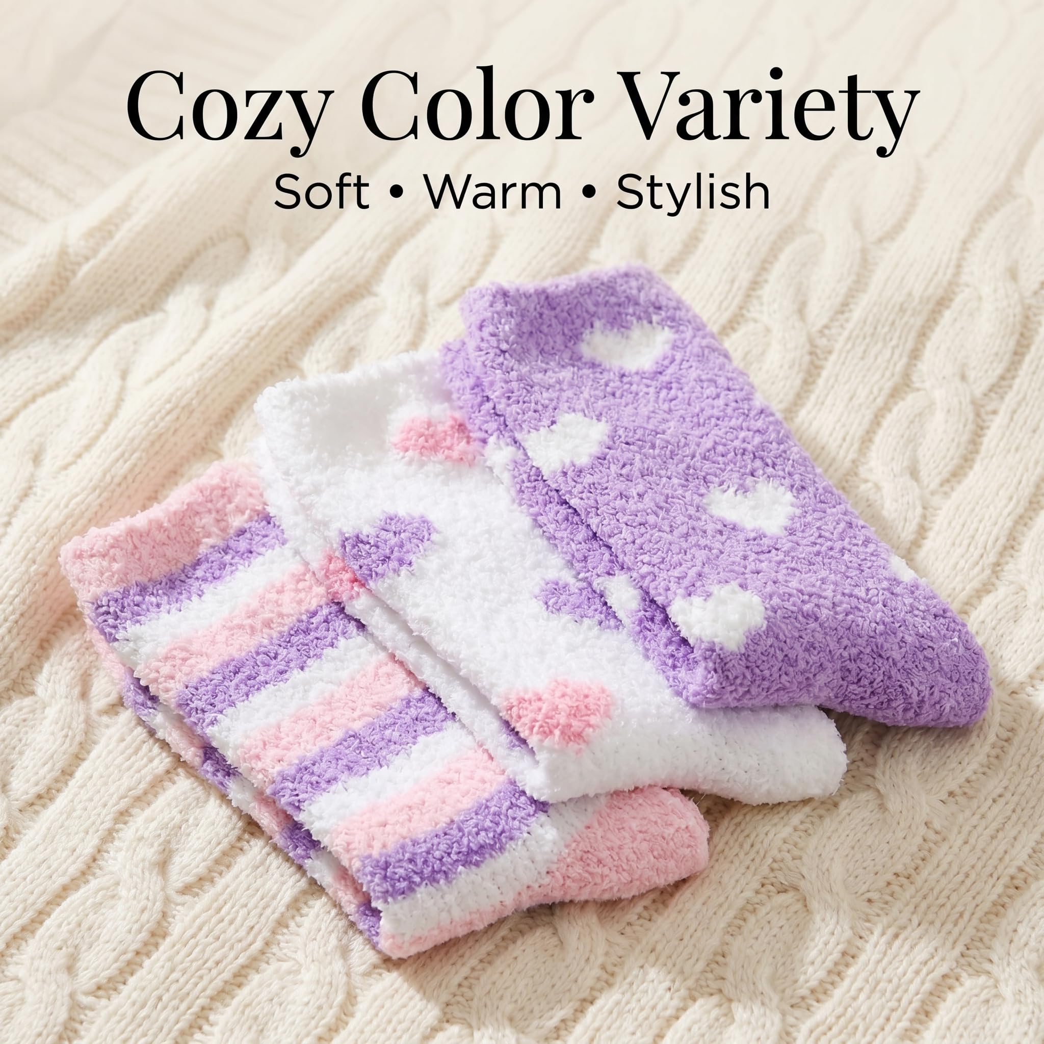 Three pairs of soft, warm, and stylish socks in pastel colors on a textured surface.