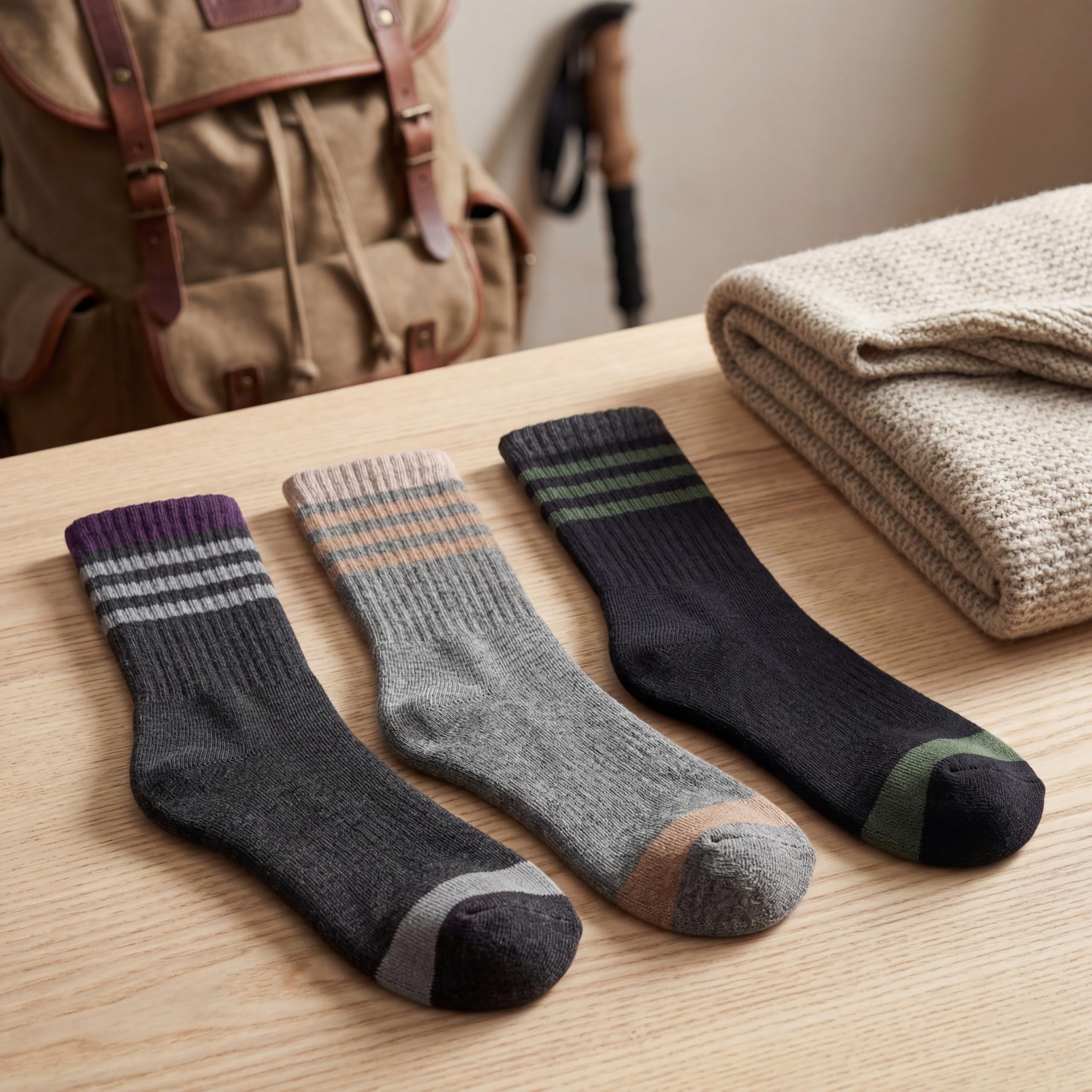 Three pairs of striped crew socks in dark gray, heather gray, and black are arranged on a light wood table, with a beige backpack and folded knit blanket in the background.