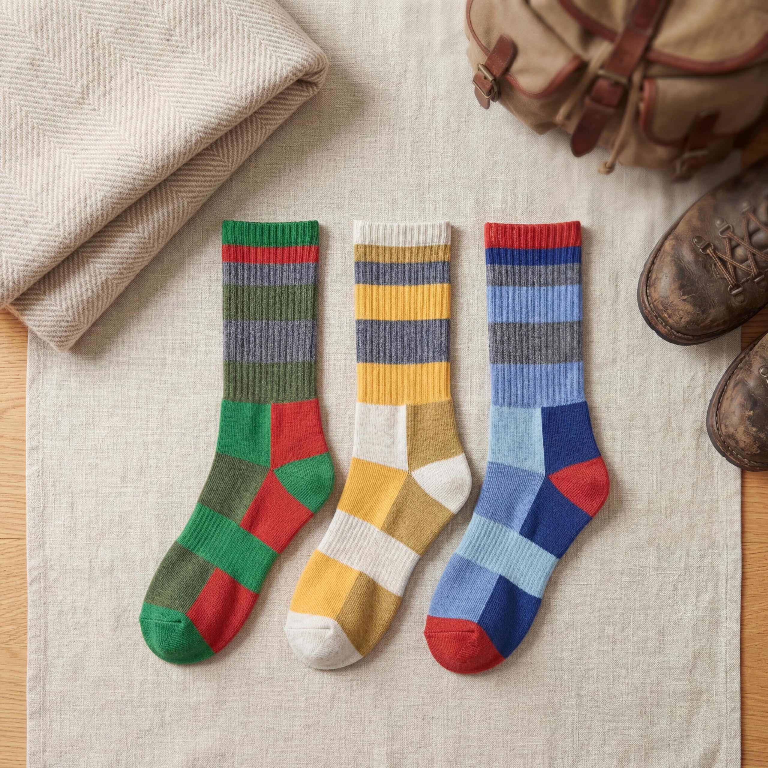 Three pairs of striped crew socks laid flat on a light fabric surface, styled with a folded beige textile, a tan leather bag, and brown boots nearby. The socks feature multicolor horizontal and block stripe patterns in green, red, yellow, gray, blue, and white.
