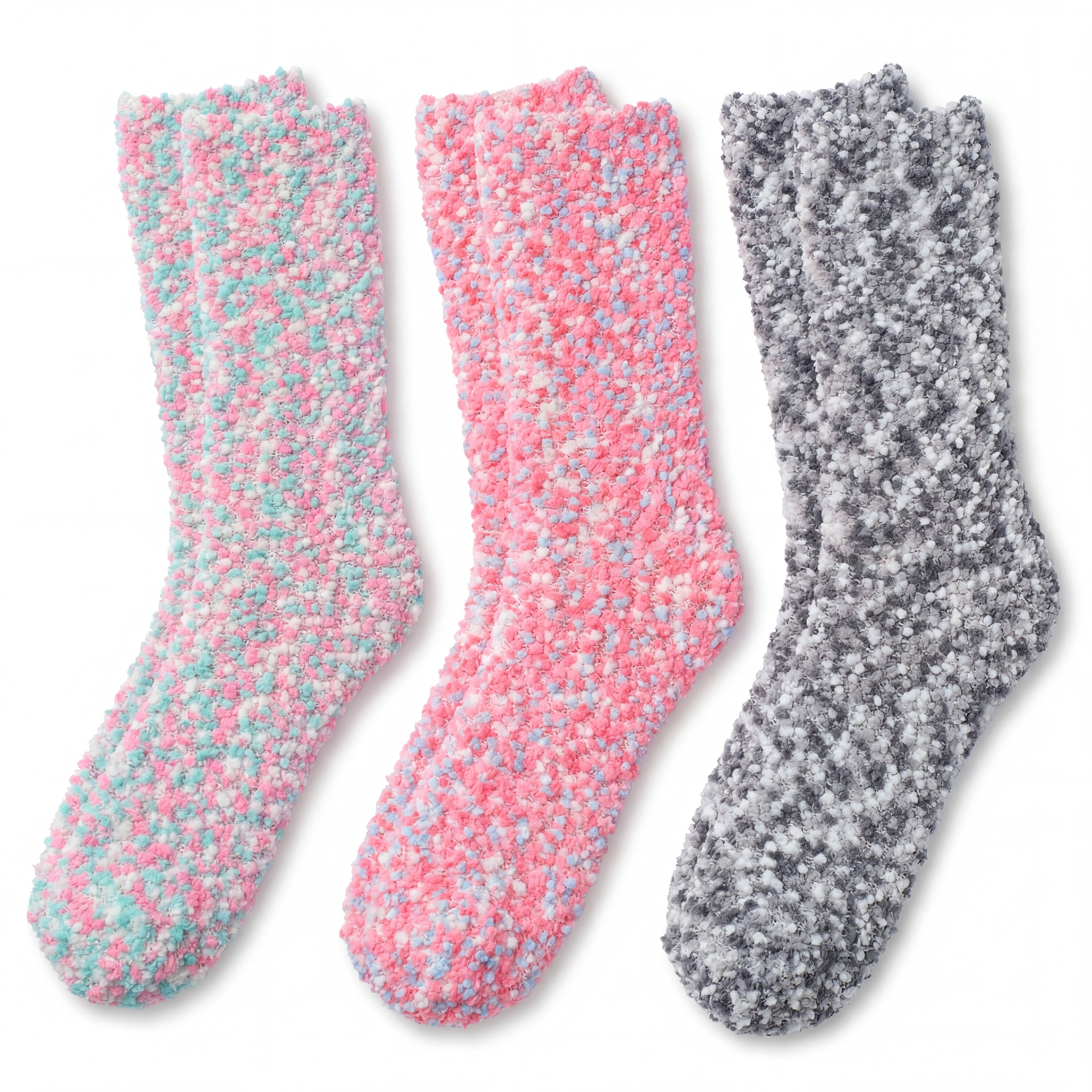 Three pairs of textured socks in pink, blue, and gray on a white background