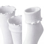 Three pairs of white socks with ruffled tops on a white background