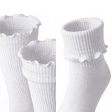 Three pairs of white socks with ruffled tops on a white background