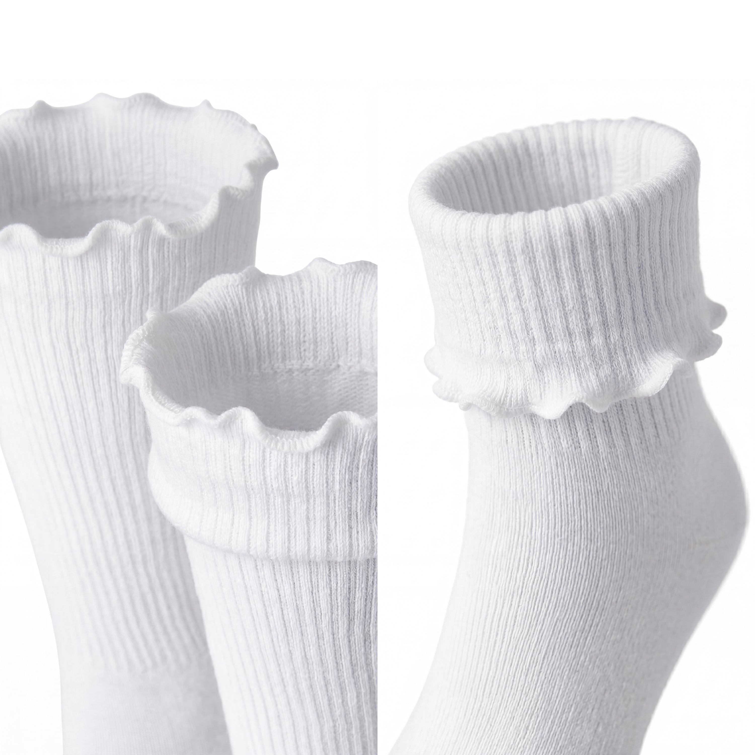 Three pairs of white socks with ruffled tops on a white background
