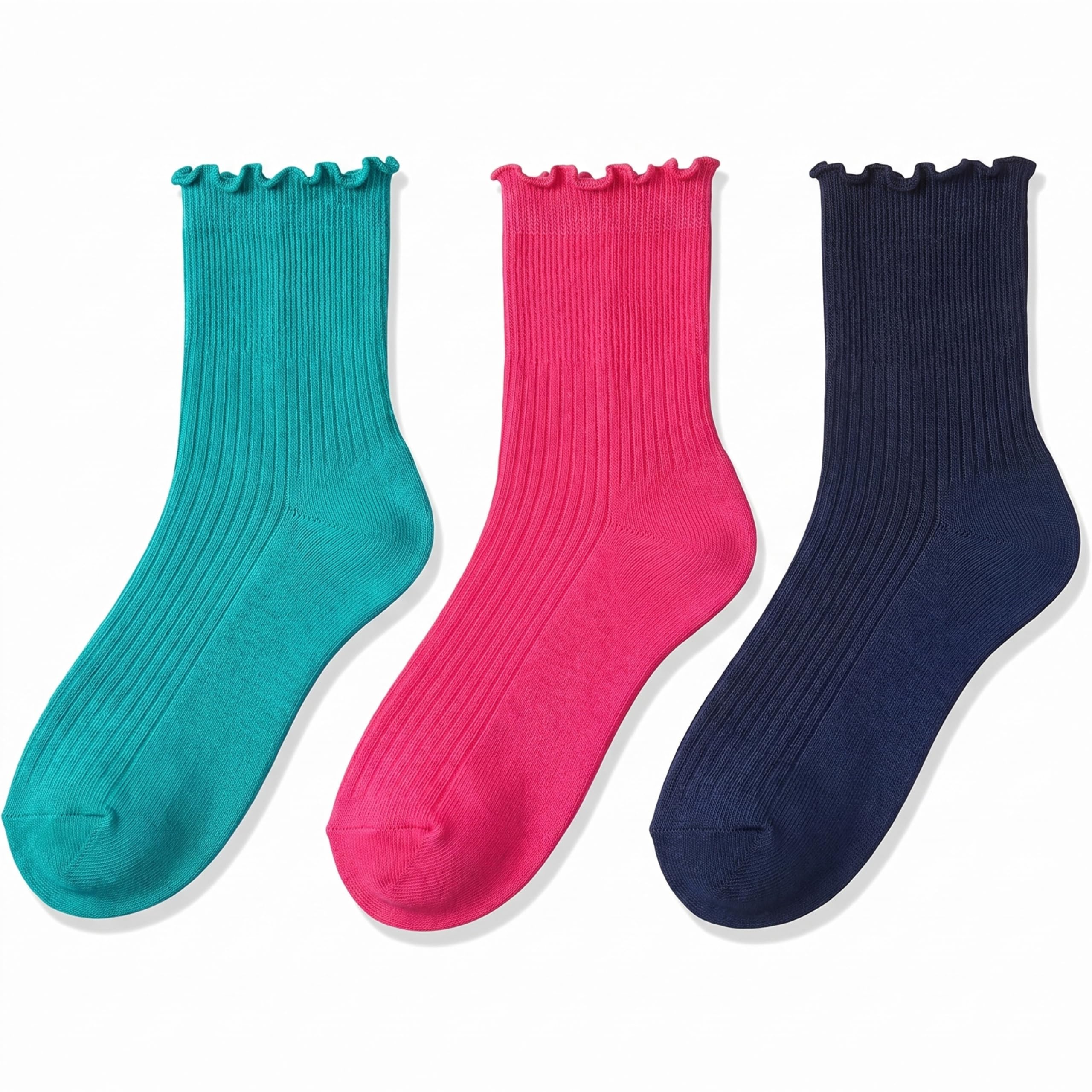 Three ribbed ankle socks with ruffled cuffs in teal, bright pink, and navy blue, arranged side by side on a white background.