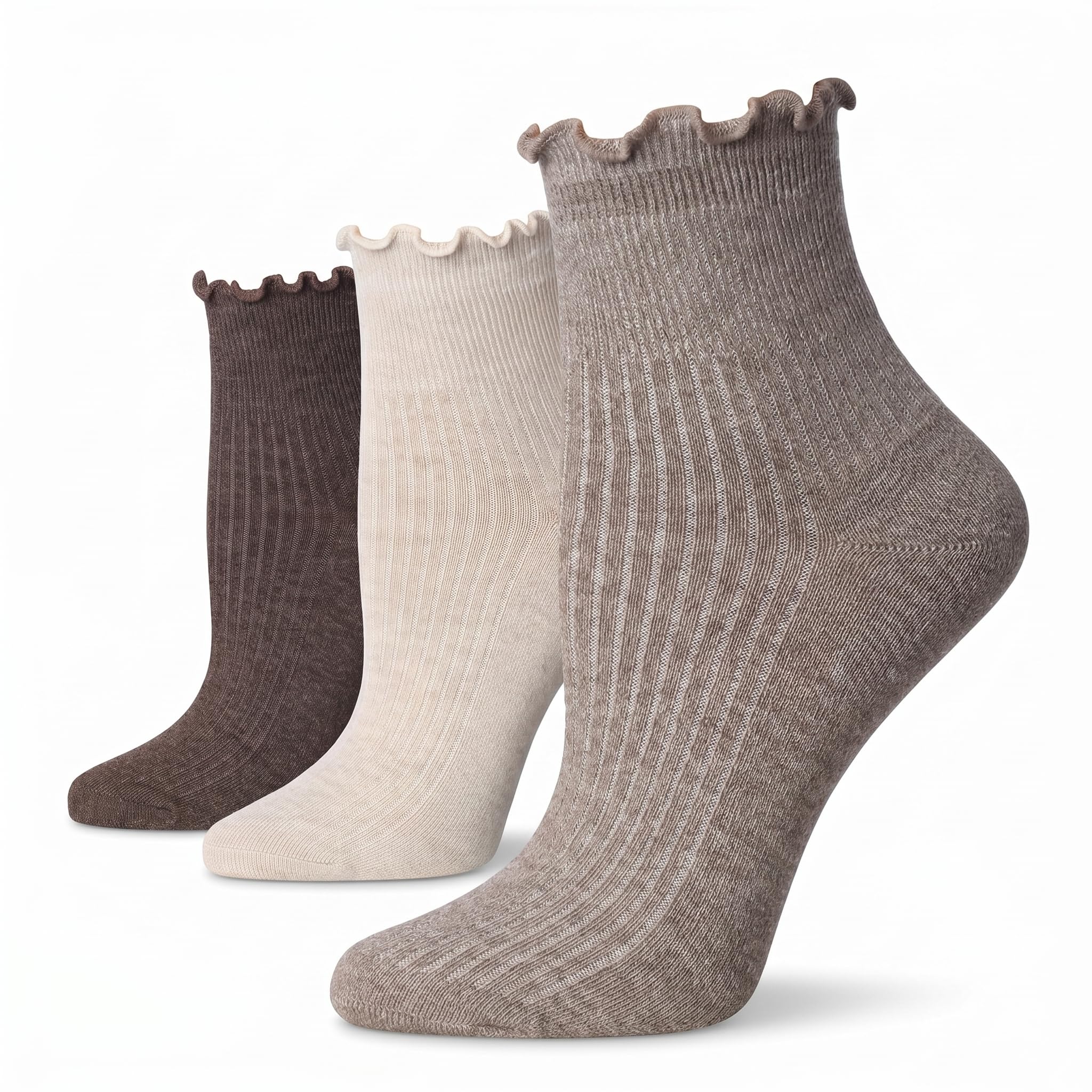 Three ribbed ankle socks with ruffled edges shown in a staggered lineup on a white background. The colors are taupe, cream, and dark brown.