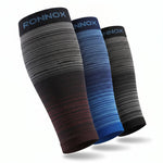 Three ribbed compression calf sleeves by RONNOX shown on a clean white background, featuring gradient designs in black, gray, blue, and dark red/burgundy.