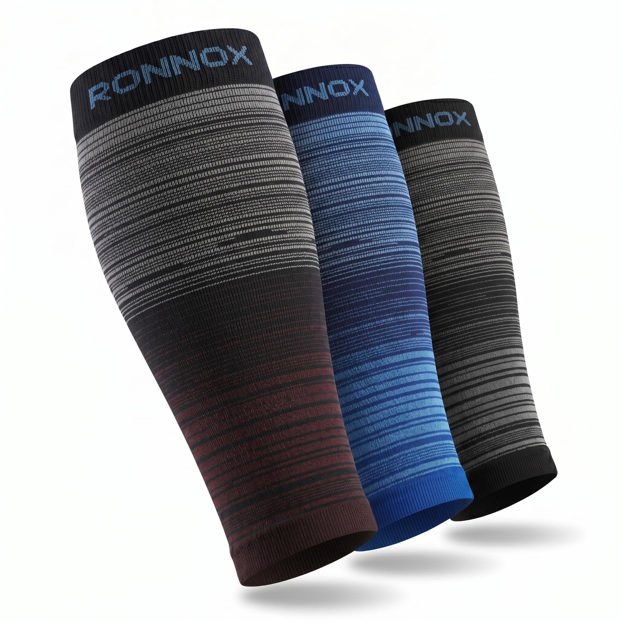 Three ribbed compression calf sleeves by RONNOX shown on a clean white background, featuring gradient designs in black, gray, blue, and dark red/burgundy.