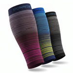 Three ribbed compression calf sleeves with horizontal color bands, shown on a white background. The sleeve on the left is navy, gray, and magenta.