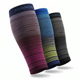 Three ribbed compression calf sleeves with horizontal color bands, shown on a white background. The sleeve on the left is navy, gray, and magenta.