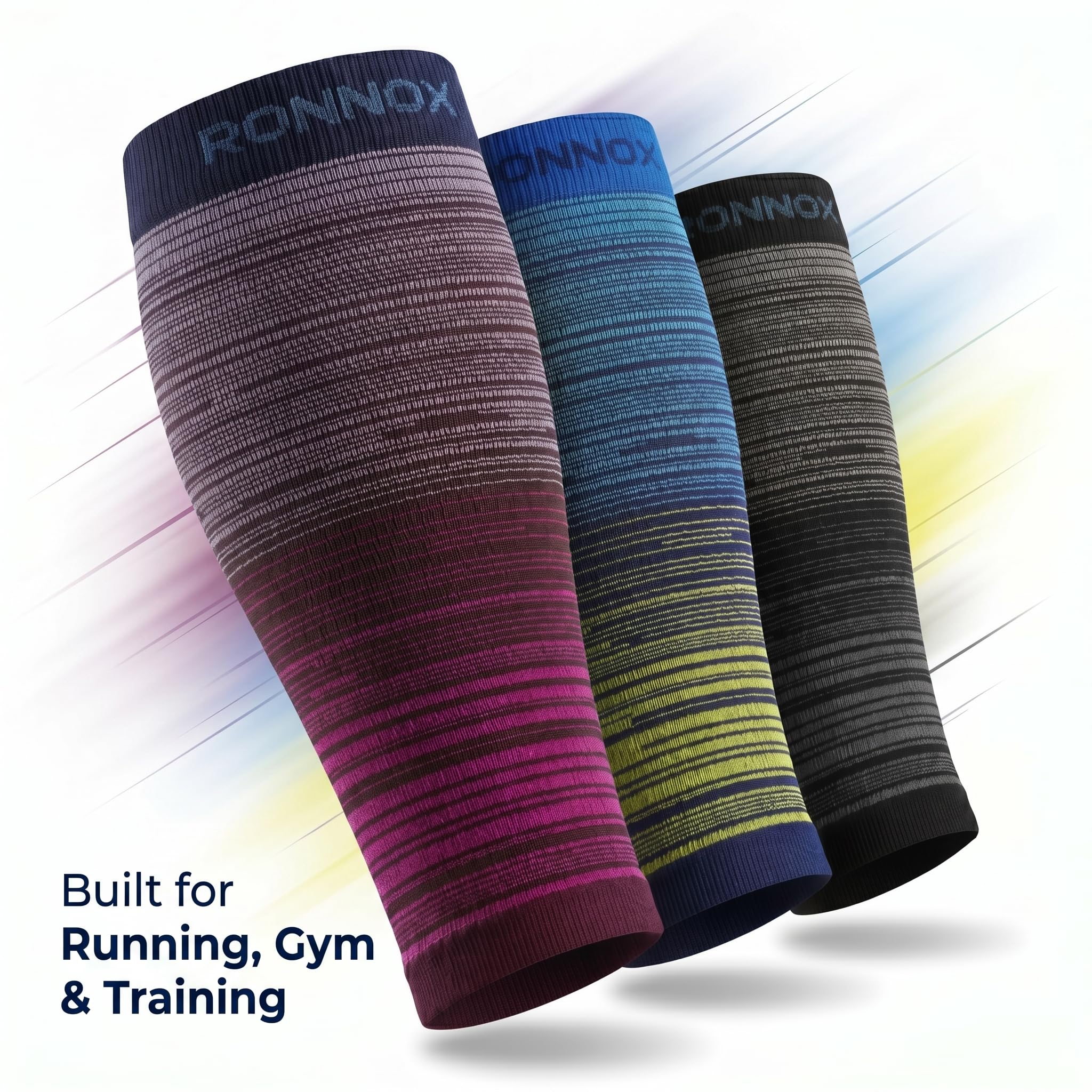 Three ribbed compression sleeves from RONNOX shown in different colorways: navy-to-purple, blue-to-yellow, and dark gray-to-black. The image features a white background with diagonal colored streaks and the text 'Built for Running, Gym & Training'.