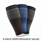 Three ribbed compression sleeves from Ronnox are shown in a 3-pack on a white background with the text '3-PACK PERFORMANCE VALUE' at the bottom. The sleeves feature gradient designs in black, gray, blue, and dark red/burgundy.