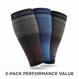 Three ribbed compression sleeves from Ronnox are shown in a 3-pack on a white background with the text '3-PACK PERFORMANCE VALUE' at the bottom. The sleeves feature gradient designs in black, gray, blue, and dark red/burgundy.