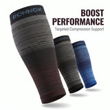 Three ribbed compression sleeves from Ronnox shown on a white background with promotional text reading 'BOOST PERFORMANCE Targeted Compression Support.' The sleeve in front is dark gray fading to burgundy, the middle sleeve is dark gray/black, and the rear sleeve is blue-to-blue.