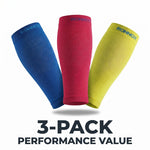 Three ribbed compression sleeves in blue, pink, and yellow, shown as a 3-pack on a white background with the text '3-PACK PERFORMANCE VALUE' below.