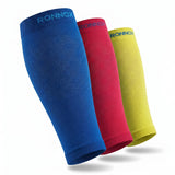 Three ribbed compression sleeves in blue, red, and yellow, arranged diagonally on a white background. The brand name 'RONNOX' is printed in light blue on the top cuff of each sleeve.