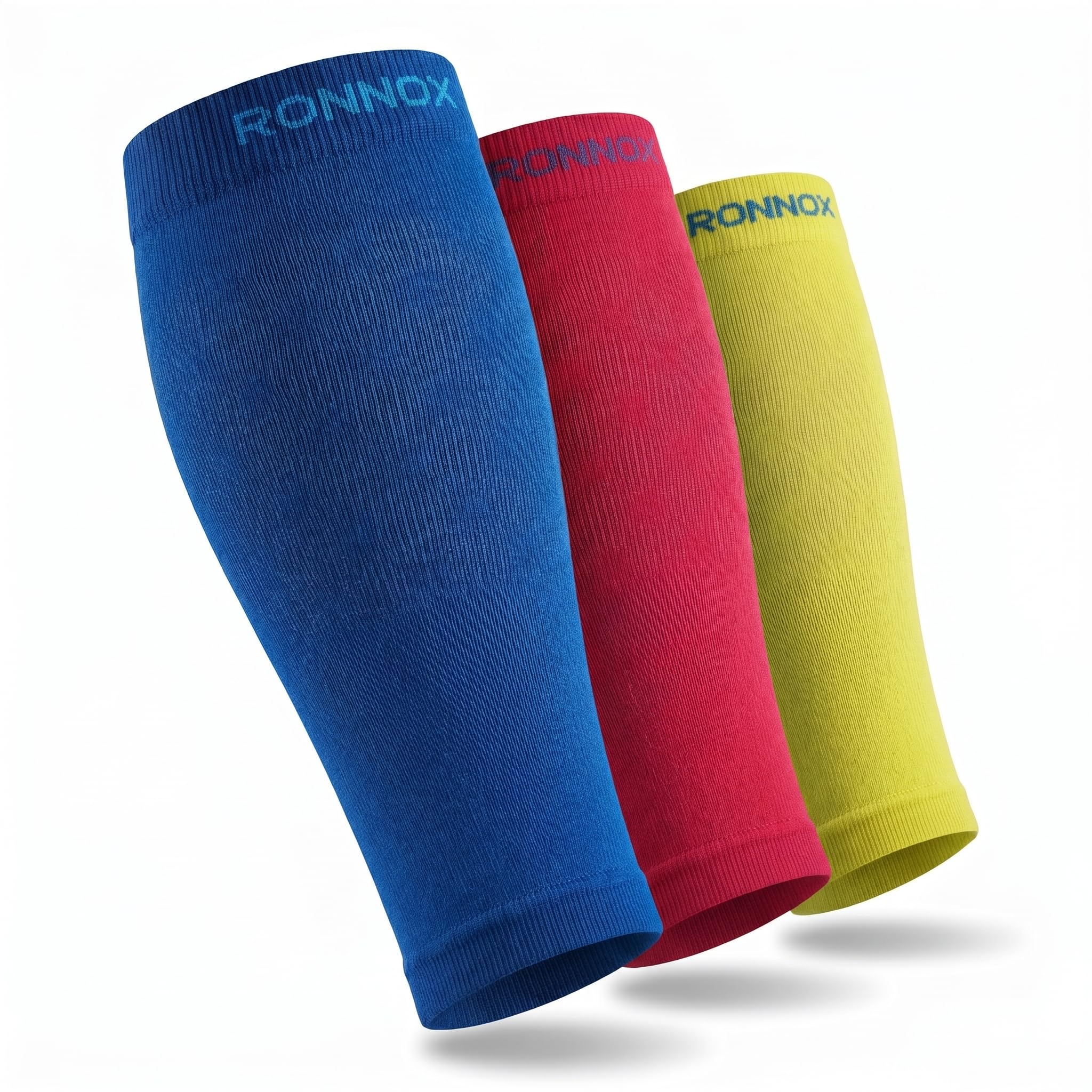 Three ribbed compression sleeves in blue, red, and yellow, arranged diagonally on a white background. The brand name 'RONNOX' is printed in light blue on the top cuff of each sleeve.