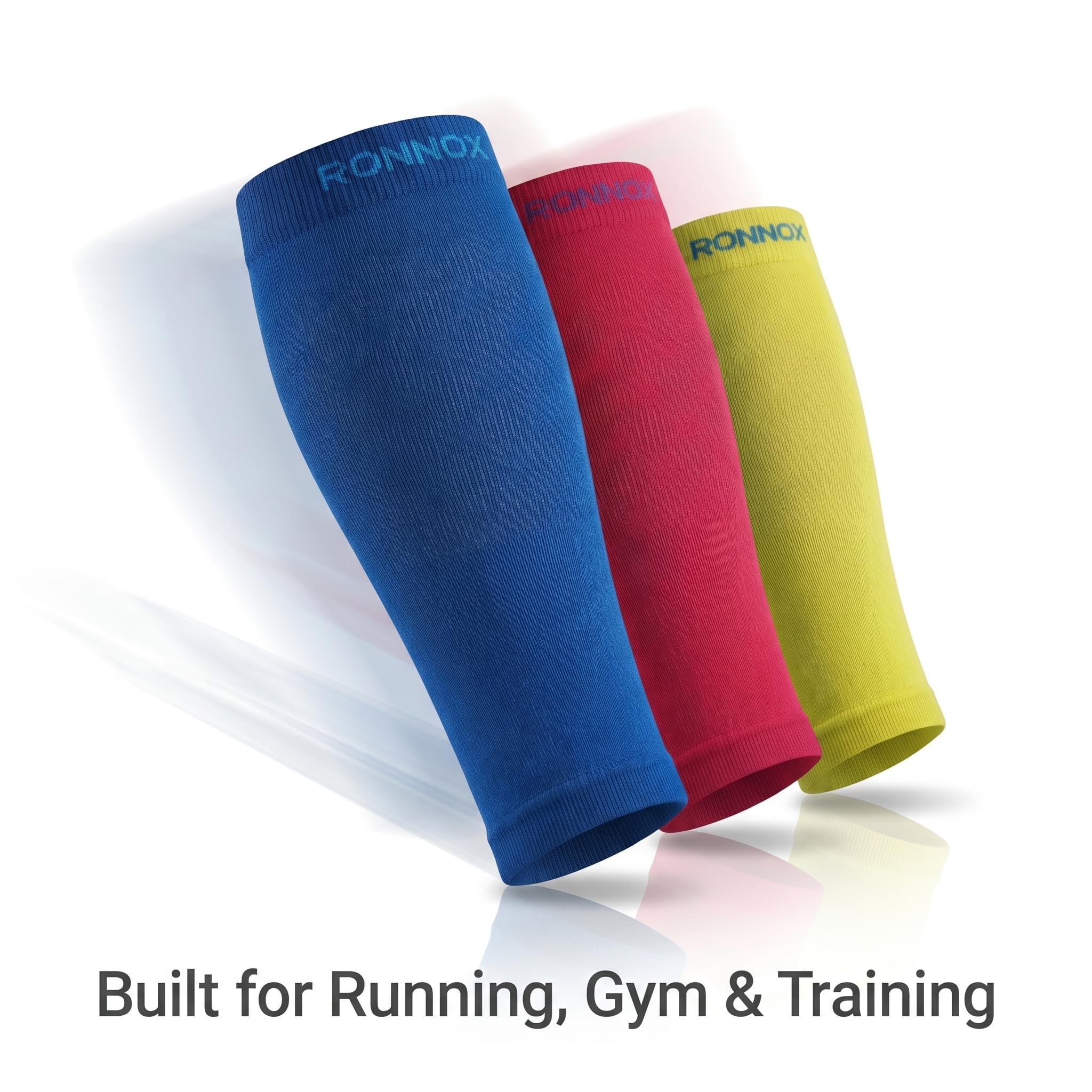 Three ribbed compression sleeves in blue, red, and yellow, shown standing upright on a white background with the text 'Built for Running, Gym & Training' below.