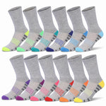 Twelve pairs of crew socks arranged in two rows on a white background. The socks are heather gray with various colorful accents on the toes, heels, and striped details, including neon yellow, green, blue, purple, pink, red, orange, and yellow.