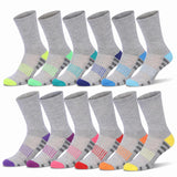 Twelve pairs of crew socks arranged in two rows on a white background. The socks are heather gray with various colorful accents on the toes, heels, and striped details, including neon yellow, green, blue, purple, pink, red, orange, and yellow.
