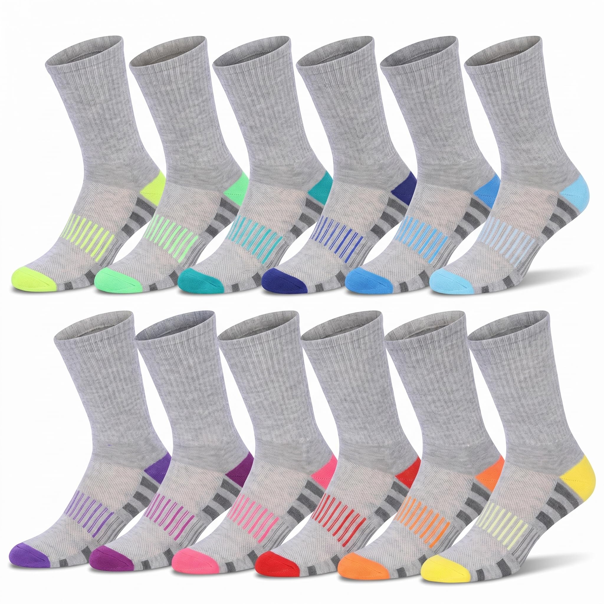 Twelve pairs of crew socks arranged in two rows on a white background. The socks are heather gray with various colorful accents on the toes, heels, and striped details, including neon yellow, green, blue, purple, pink, red, orange, and yellow.