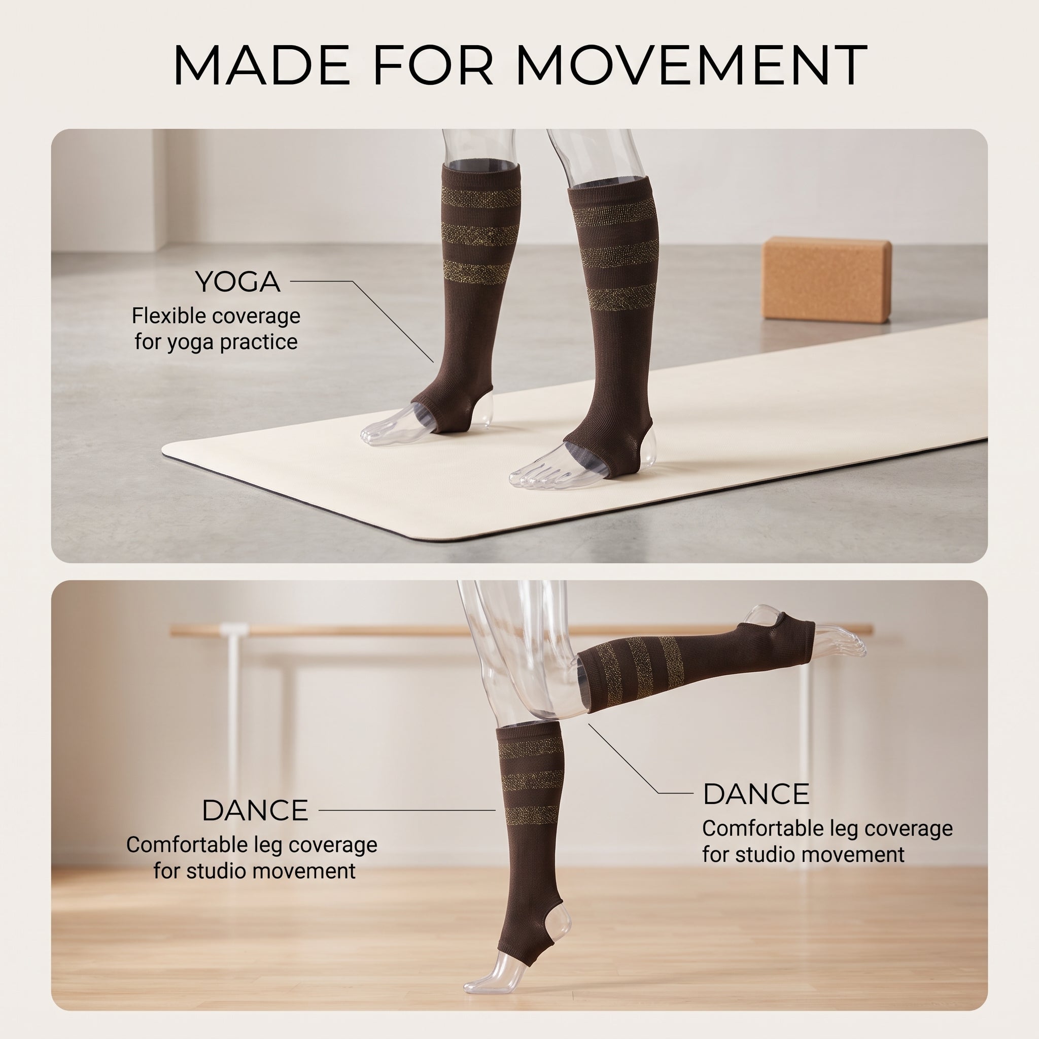 Two-panel promotional graphic showing a person wearing dark brown knee-high compression sleeves with subtle gold horizontal stripes, demonstrating use in yoga and dance. The top panel shows the sleeves on a person standing on a yoga mat, and the bottom panel shows one sleeve on a person balancing on a wooden floor.