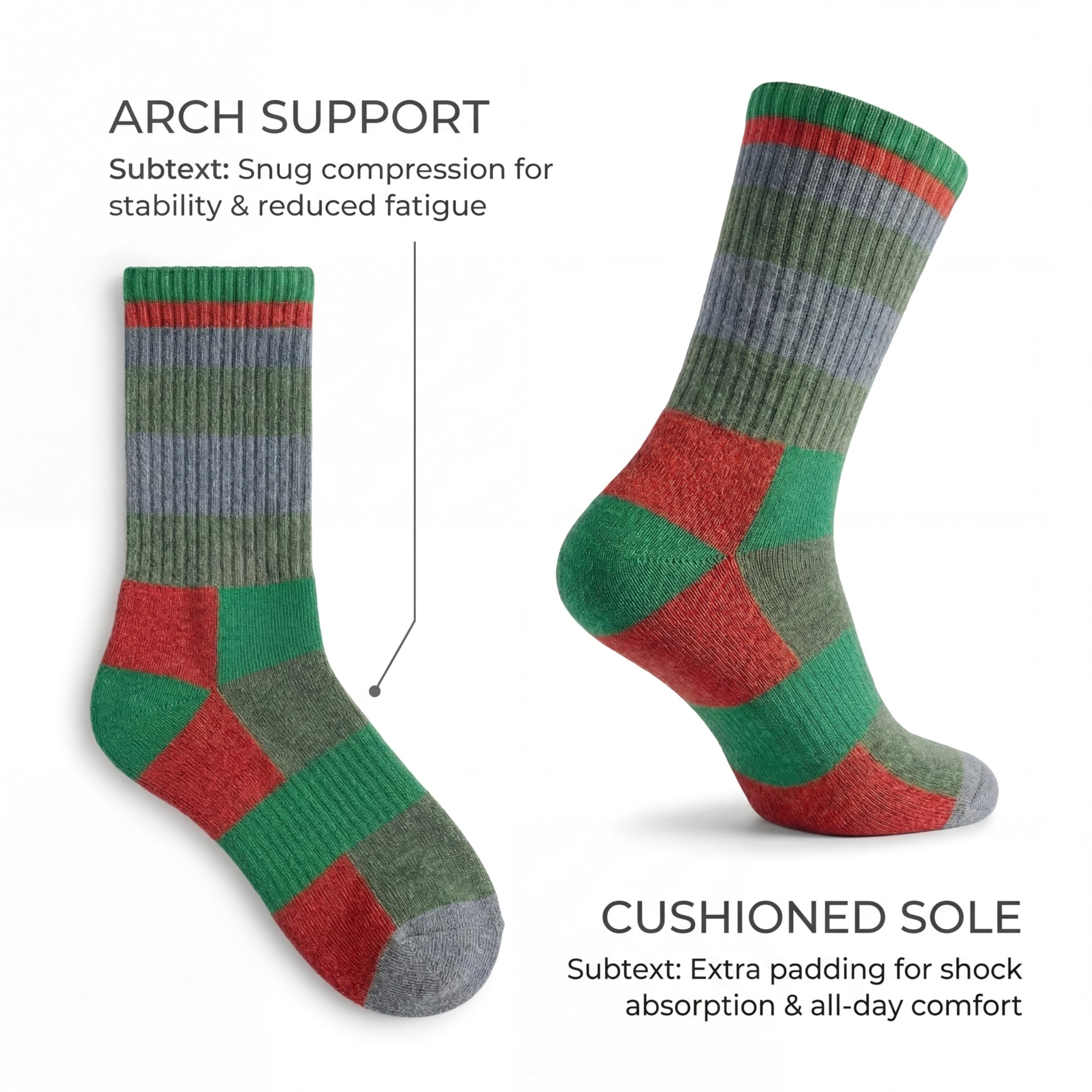 Two crew socks shown on a white background with marketing text. One sock is upright and one is angled to show the sole.