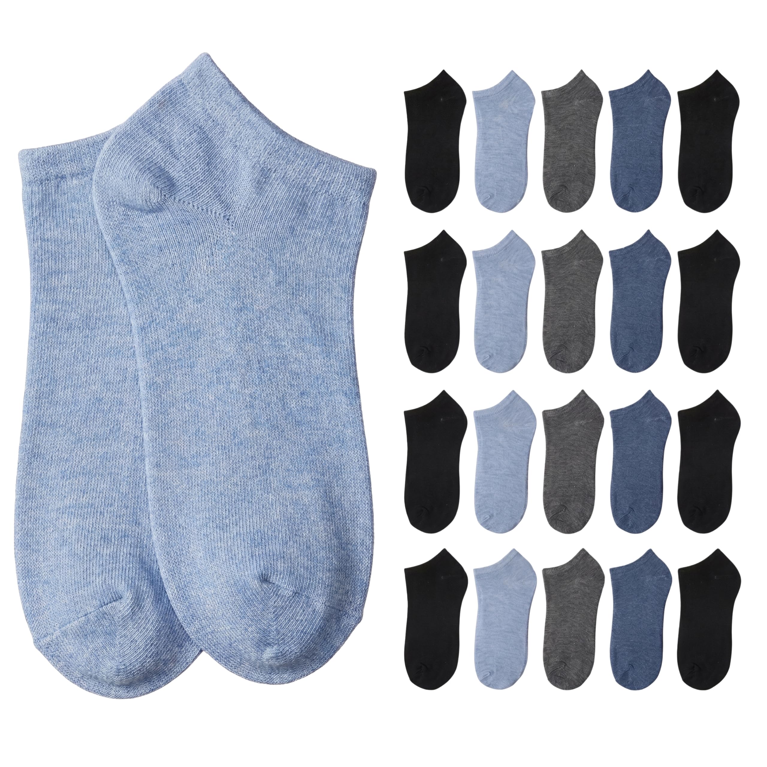 Two heather light blue ankle socks displayed prominently on the left, with a grid of 16 smaller ankle socks in various colors (black, light blue, gray, navy) arranged on the right, all on a plain white background.
