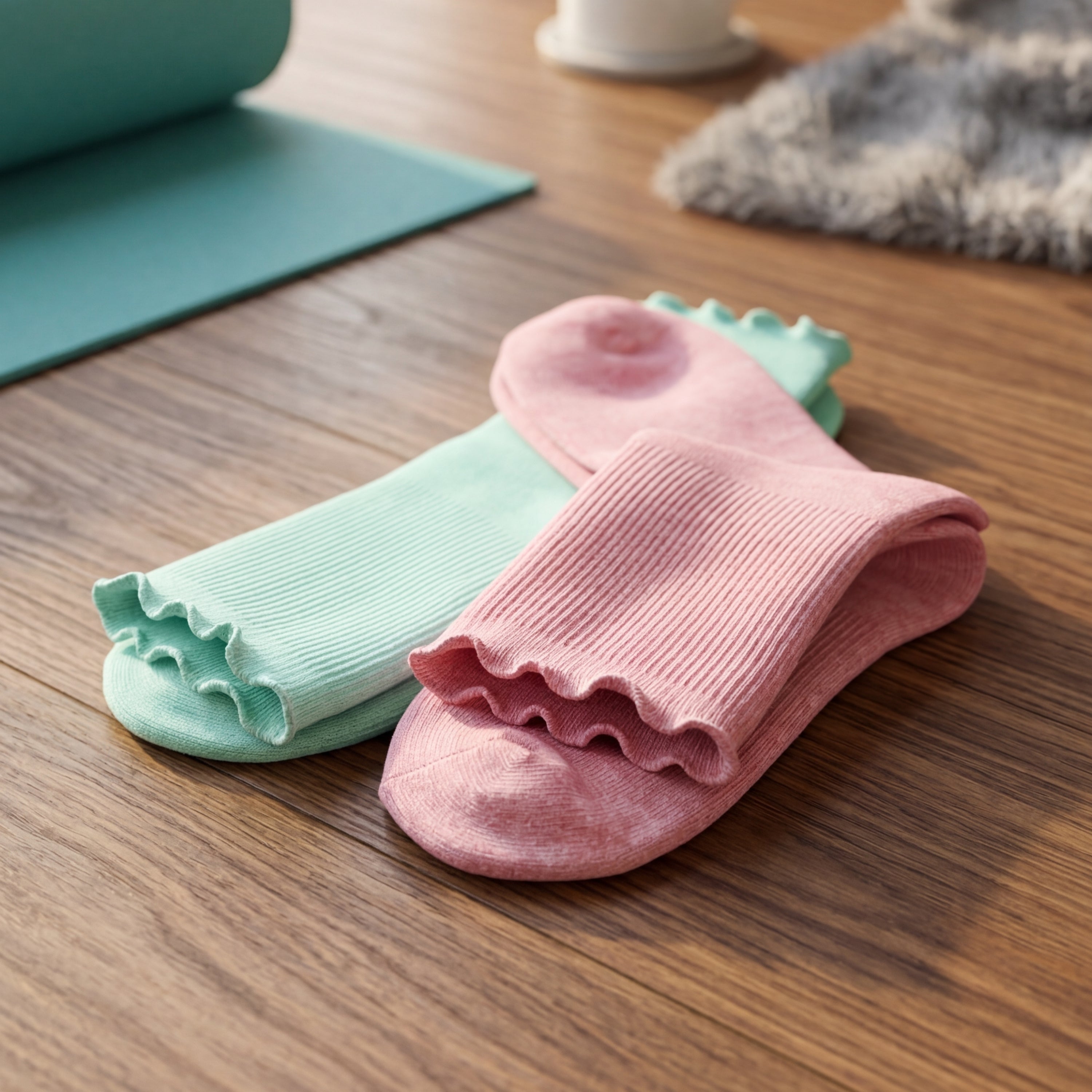 Two pairs of baby socks, one pink and one green, on a wooden surface.