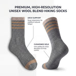 Two pairs of gray hiking socks with tan and brown stripes near the cuff, shown on a white background with marketing text highlighting arch support, cushioned sole, and unisex wool blend.