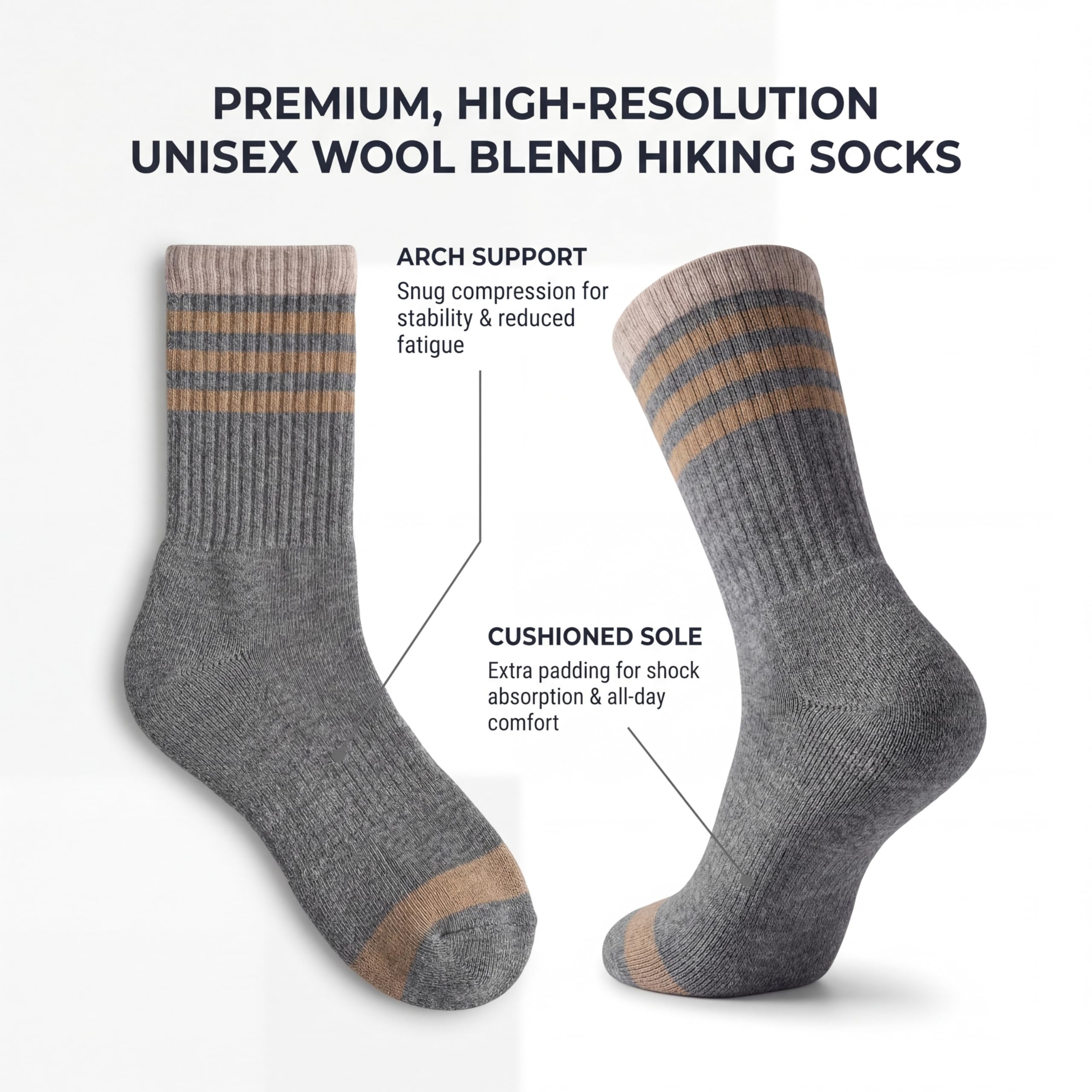 Two pairs of gray hiking socks with tan and brown stripes near the cuff, shown on a white background with marketing text highlighting arch support, cushioned sole, and unisex wool blend.