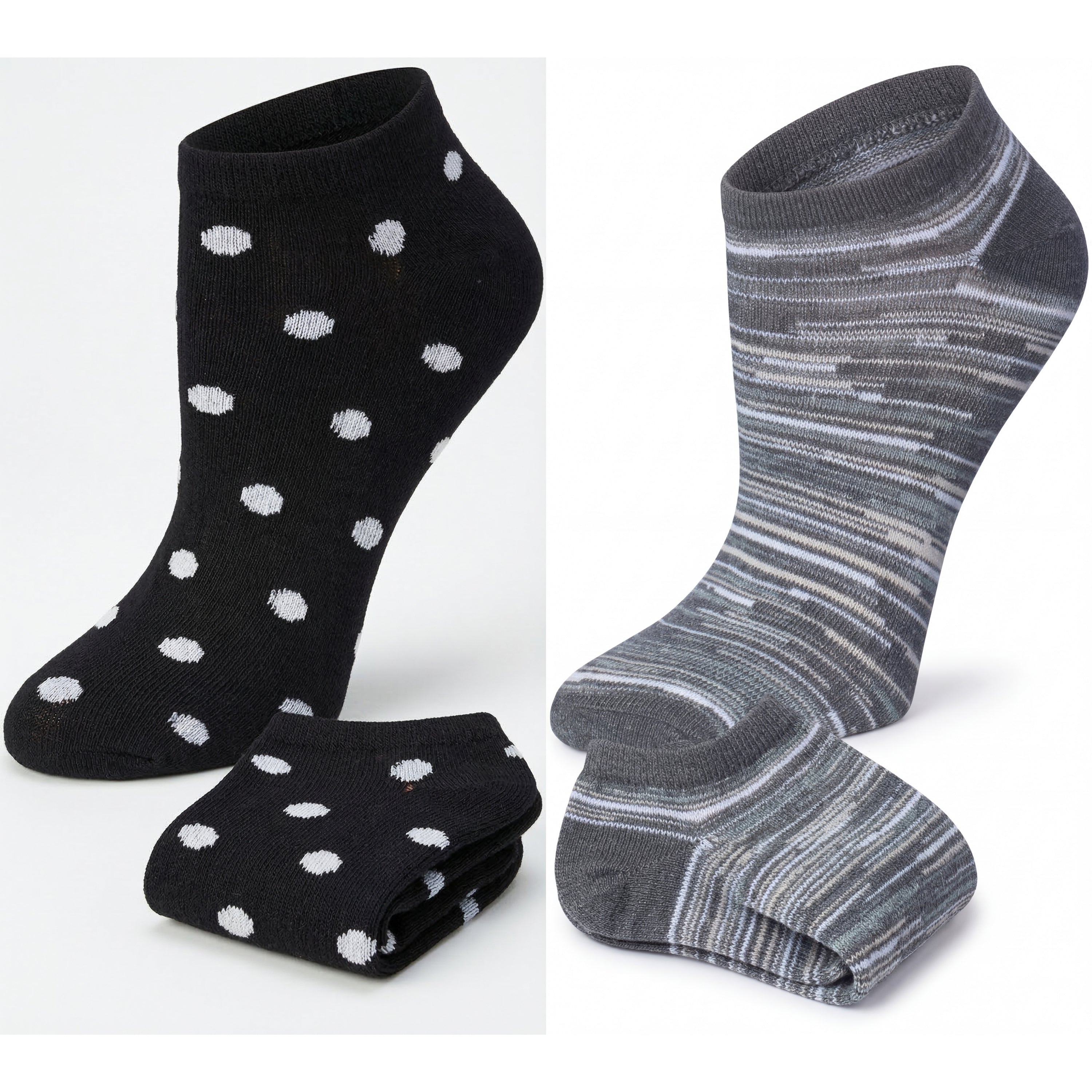 Two pairs of socks, one black with white polka dots and the other gray with a striped pattern, on a white background.