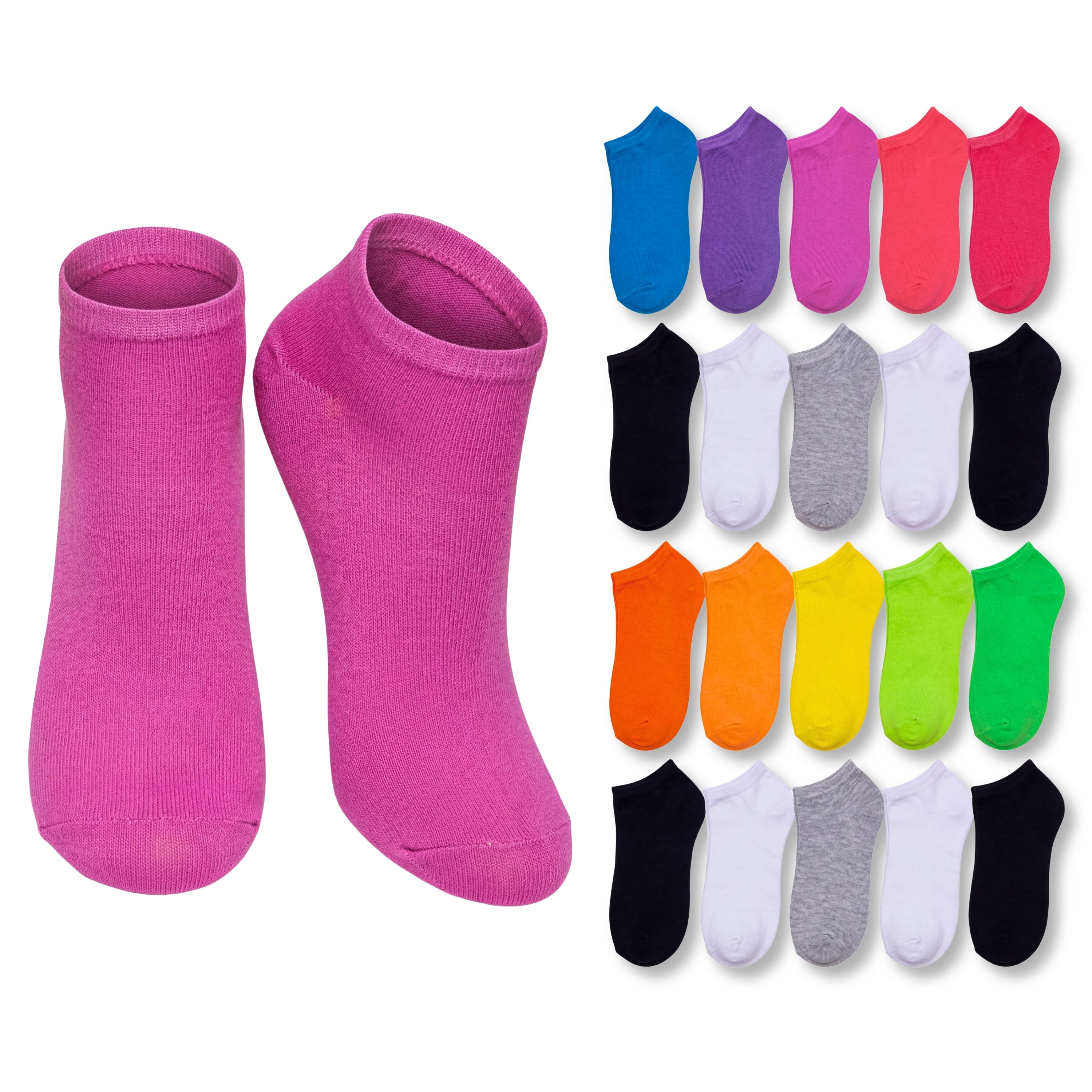 Two pink socks with a variety of colorful socks displayed on a white background