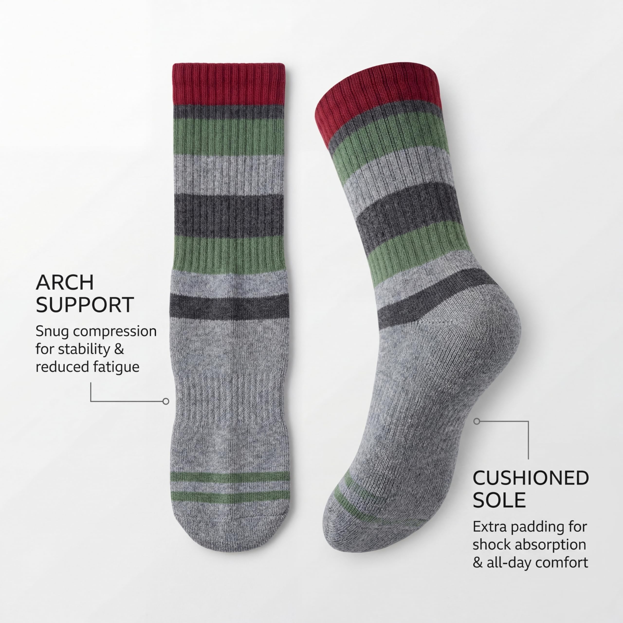 Two striped crew socks shown on a light gray background with feature callouts: one sock is labeled 'ARCH SUPPORT' and the other 'CUSHIONED SOLE'. The socks have horizontal stripes in red, green, dark gray, and light gray on a heather gray base.