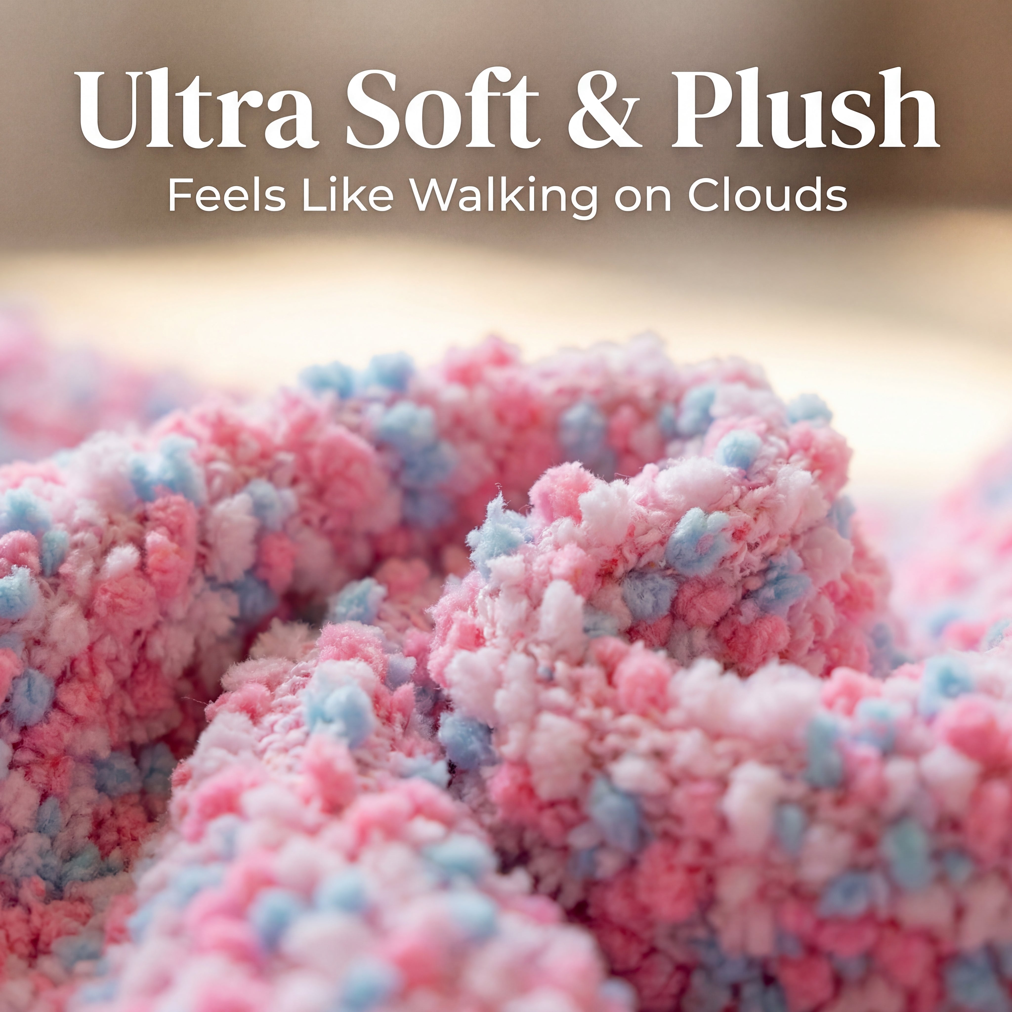 Ultra soft and plush material with pink and blue colors, labeled 'Feels Like Walking on Clouds'.