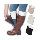 Women's 3 Pairs Squared Chic Trio White Khaki Navy Boot Cuffs Winter Cable Knit Leg Warmers With Fleece Fuzzy Lining