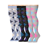 Women's 3 Pairs Harmonious Argyle Medley White Black Grey Over The Knee High Socks