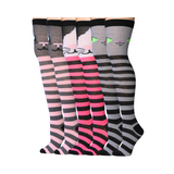 Women's 3 Pairs Cuddly Cat Motifs Fuchsia Pink Black with Grey Stripes Over The Knee High Socks