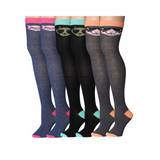 Women's 3 Pairs Mystical Feline Trio Dark Blue Black with Cat Face Accents Over The Knee High Socks