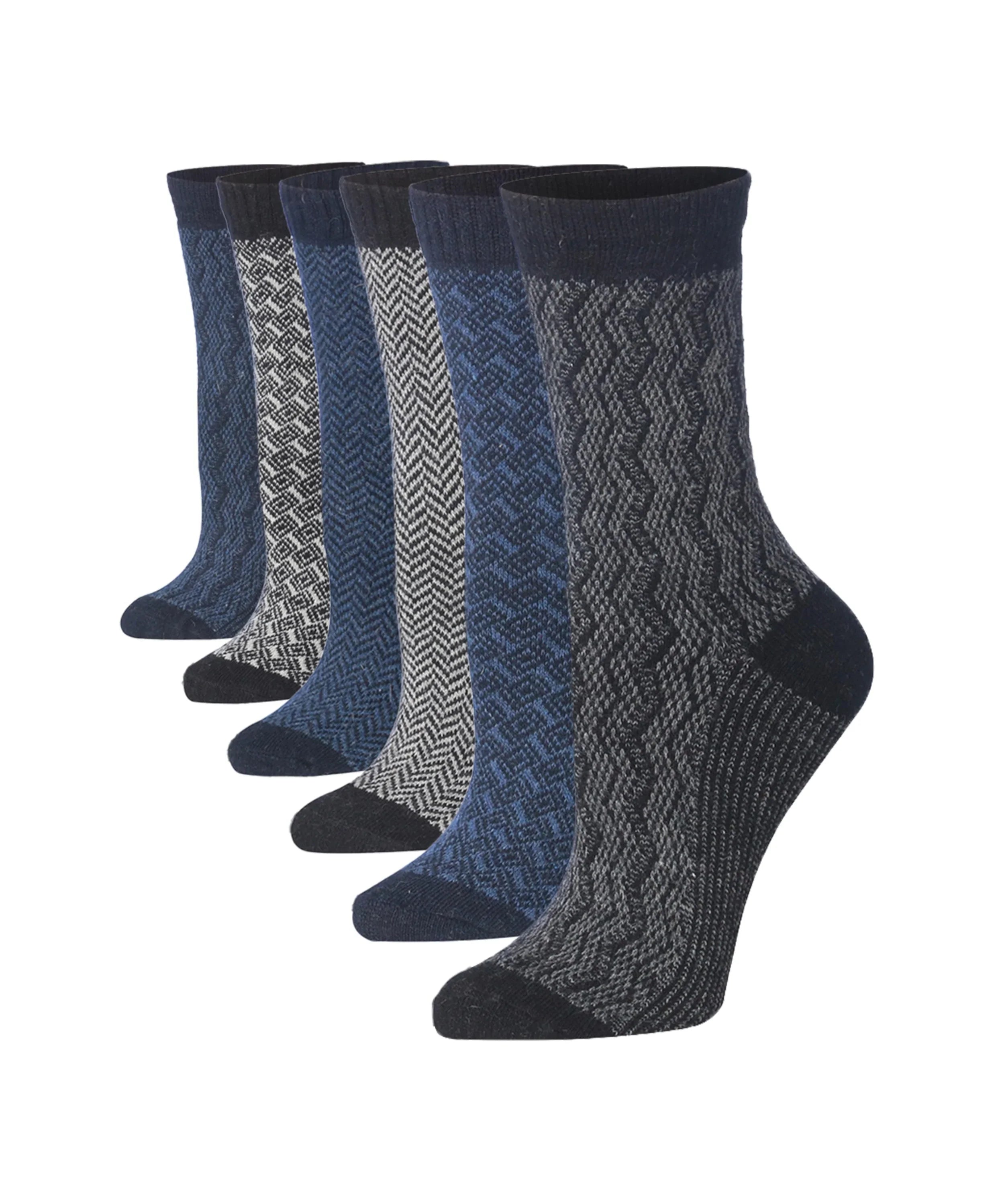  6-Pairs Women's Extra Warm Wool-Blend Midnight Jacquard Toes & Heels Contrast Crew Boot Socks -  Socks
