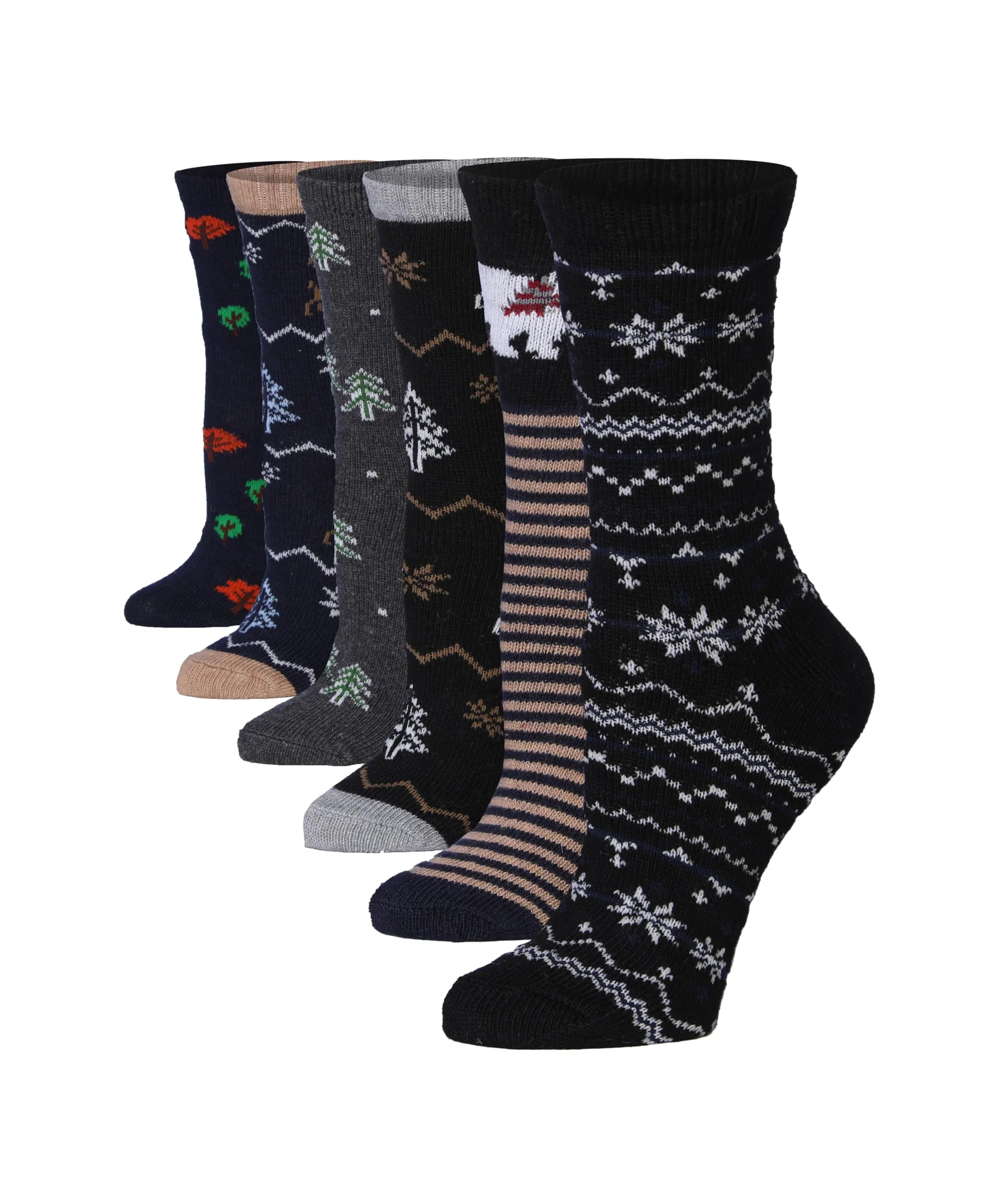  6-Pairs Women's Extra Warm Wool-Blend Midnight Tones & Winter Patterns Collection Crew Boot Socks -  Socks
