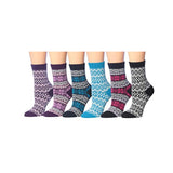 6-Pairs Women's Extra Warm Wool-Blend Whimsical Patterns Violet Pink to Cyan Cascades Crew Boot Socks - Socks