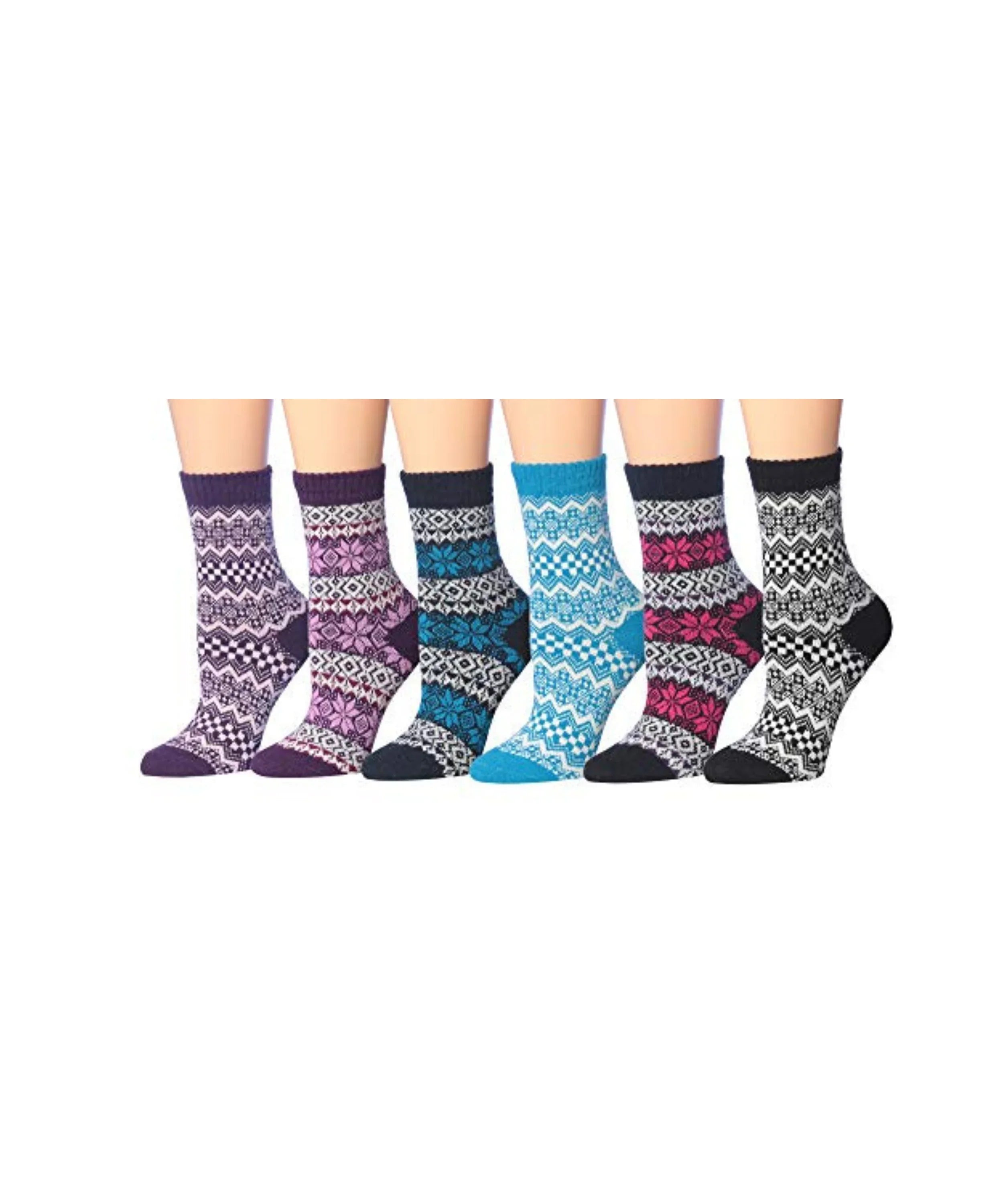 6-Pairs Women's Extra Warm Wool-Blend Whimsical Patterns Violet Pink to Cyan Cascades Crew Boot Socks - Socks