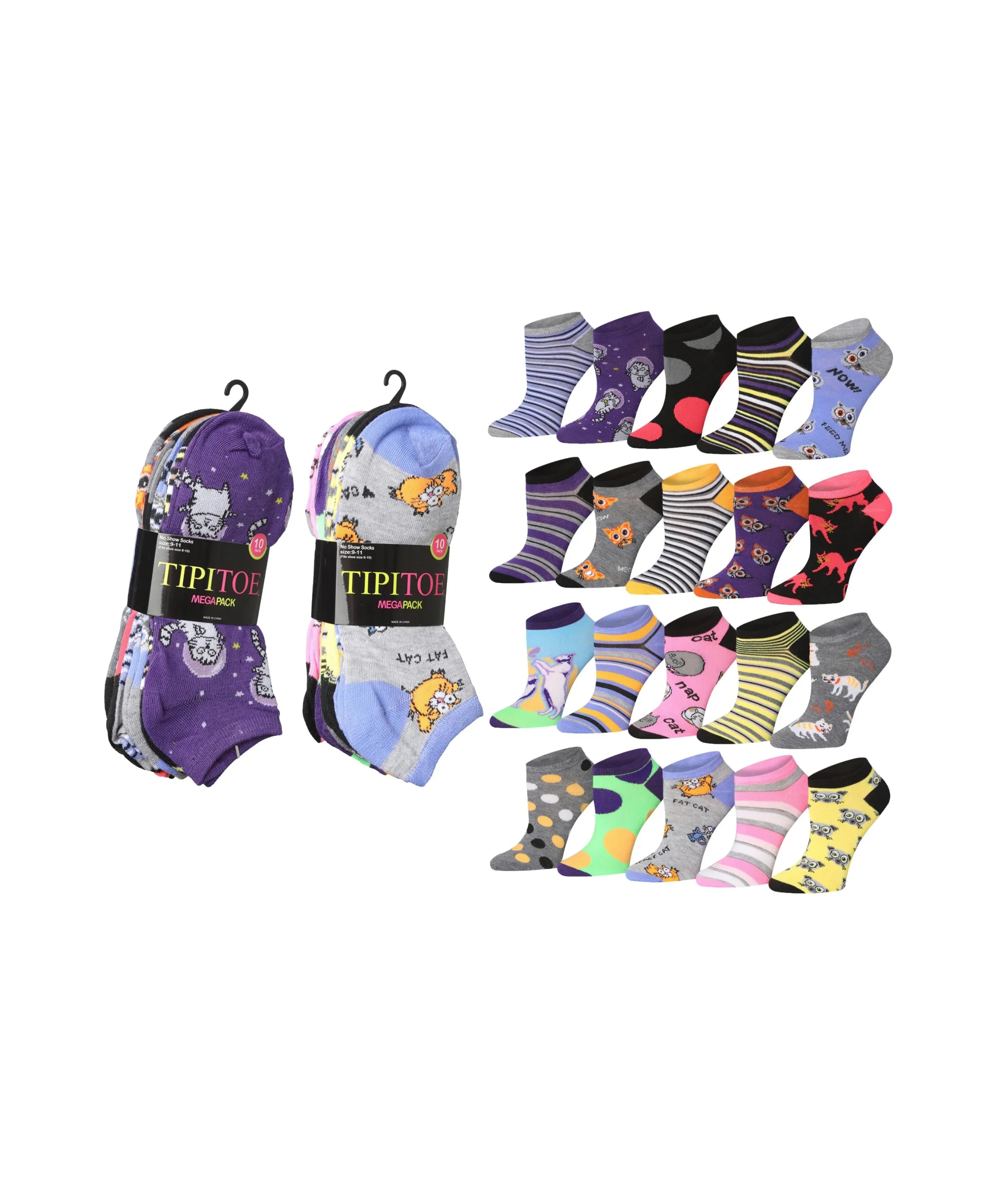  Womens 20 Pack Colorful Midnight Whiskers Patterned Low Cut/No Show Socks -  Socks