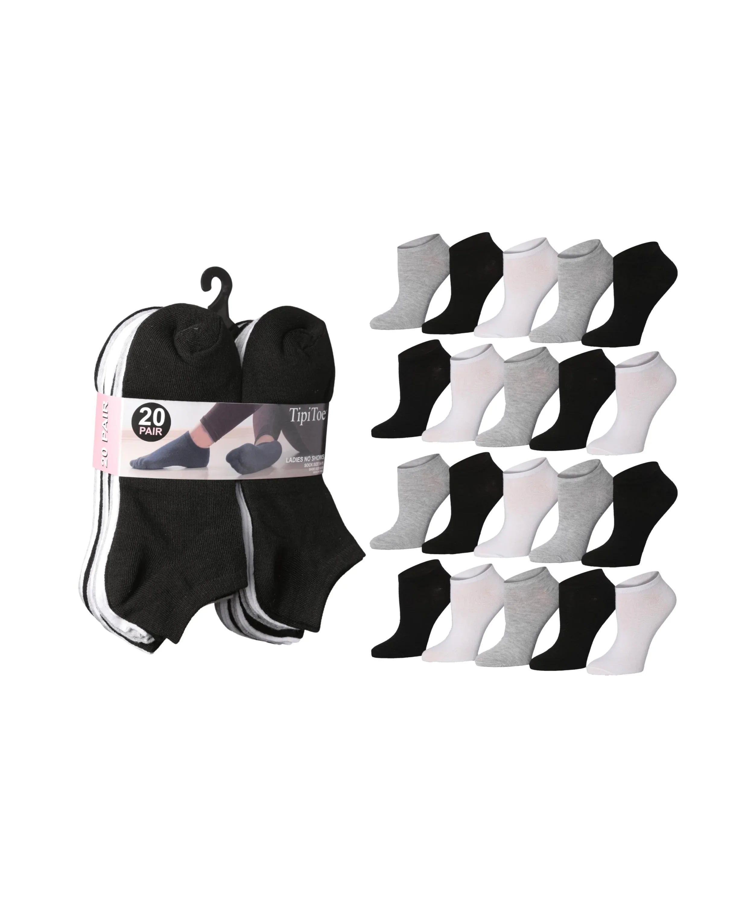  Womens 20 Pack Colorful Classic Black, White, Gray Shades Patterned Low Cut/No Show Socks -  Socks